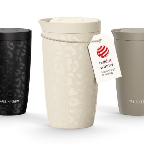 LARS NYSØM Thermo Kaffeebecher to go 350ml | Travel Mug 0,35L isoliert | Quick-Press-Trinkdeckel | Auslaufsicherer Edelstahl Thermobecher für Kaffee und Tee unterwegs (Beige/Leopard/Beige, 350ml)
