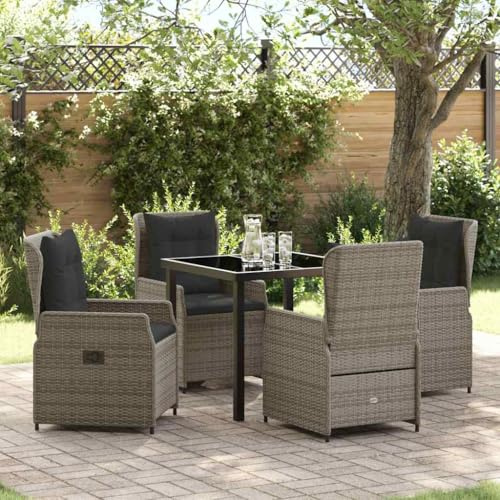 Owoxanthellate 5-TLG Garten-Essgruppe Grau Poly-Rattan 120 cm Tisch mit Sicherheitsglas verstellbare Rückenlehne robust wetterfest für Balkon Terrasse und Garten