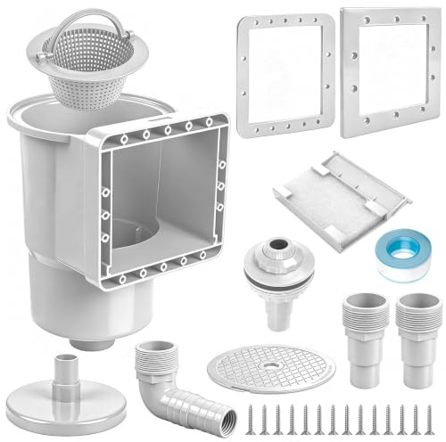 Ruioomeep Skimmer Pool Set 10-TLG. Einbauskimmer inkl. Einlaufdüse, Skimmerkorb, Schlauchanschluss 32/38mm, Winterverschluss, Komplettset für Stahlwandpools und Aufstellbecken, Poolreinigung, Grau