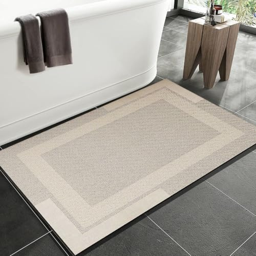 HAOLESHITE Non Slip Bath Mat Bathroom, Rubber Backing Ultra Thin Shower Rug Fit Under Door, Quick Dry Super Absorbent Washable Bath Rugs Shower Room for Bathtub Sink Floor (Beige, 40 x 60 cm)