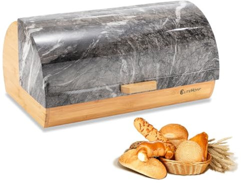 EliteHoff Brotkasten Bambus Metall, Brotbehälter Holz, Brot Aufbewahrungsbox groß, Brotaufbewahrungsbox ca. 39x28x19 cm, Brotbox mit grauem Marmor-Deckel