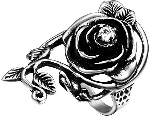 Flongo Damenring Frauen Ringe Vintage Rose Blume Edelstahl Band Ring Silber Schwarz Hochzeit Engagement Versprechen Liebe Anniversary Größe 52mm
