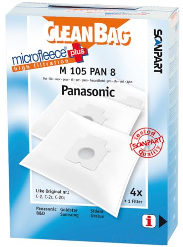 CleanBag M 105 PAN 8 Staubbeutel, wie Original: C-2 E, AMC 8 F 96 D 1300, Inhalt: 4 Staubsaugerbeutel + 1 Universalfilter, Schwarz