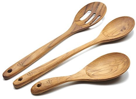 FAAY 3-in-1 Wooden Spoons Handcrafted Golden Teak Kitchen Utensils Including 13.5 Inch Cooking Spoon, Slotted Spoon and 9 Inch Versatile Spoon, 100% Natural & Eco Friendly
