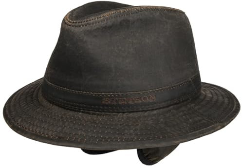 Stetson Berico Traveller Hut Herren Männerhut Baumwollfutter Einfarbiger Stoffhut Used-Look Integrierte Ohrenklappen Herbst Winter braun S (54-55 cm)