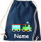 Shirtinstyle Turnbeutel, Lokomotive Lok mit Wunschnamen, Kinder, Stoffbeutel, Kinderrucksack, Jute, Gymsack, Farbe Blau