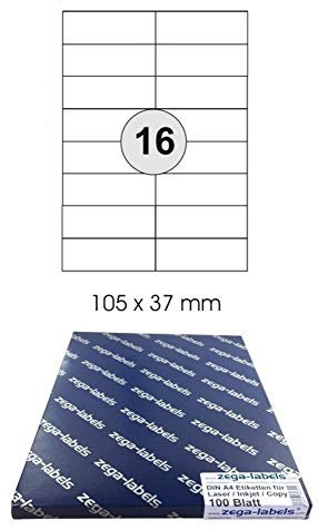 1.600 Etiketten 105 x 37 mm - zega Xtreme - EXTRA STARK HAFTEND - auf DIN A4 Bögen (2x8 Etiketten) - 100 Blatt Pack - Universell für Laser/Inkjet/Kopierer einsetzbar - 105x37mm 16-teilig