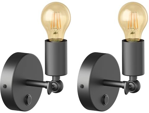 ledscom.de 2 Stück Vintage E27 Wand-Leuchte FETRO mit Schalter, schwarz, schwenkbar, inkl. E27 Lampe Vintage gold (extra-warmweiß, 471lm)