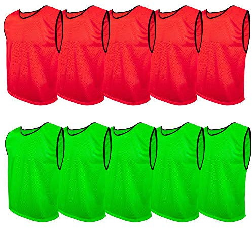 SPORTSBIBS Fußball Leibchen Set 10 Stück: 2 Farben - 5 von jeder Farbe, für Kinder und Erwachsene, Markierungshemd-Trainingsleibchen ohne Logo, Team-Spiel Bibs für Herren Damen Senioren Junioren