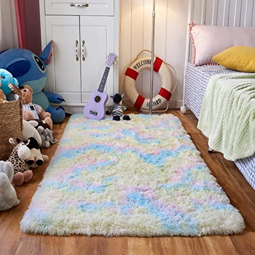 Evitany Teppich Wohnzimmer,Waschbarer rutschfeste Teppich Schlafzimmer, Ultra Weiche Bettvorleger,Hochflor Carpet für Kinderzimmer(Regenbogen,120x160 cm)