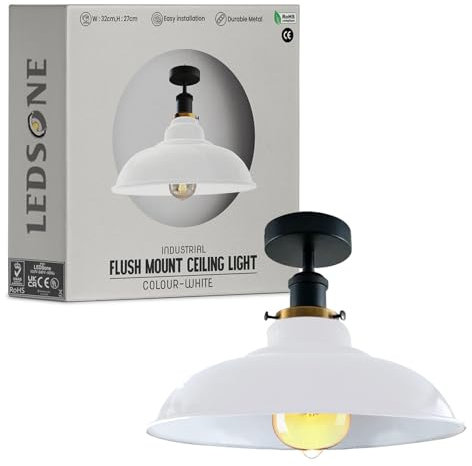 LEDSone Lampada da soffitto retrò vintage con rosone e portalampada in metallo retrò antico Edison E27 IP20 Lampada a vite cablata (Bianco)