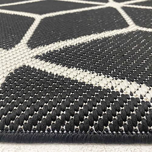 VIMODA Teppich Rauten Muster In- und Outdoor Tauglich Robuster Flachgewebe 100% Polypropylen Schwarz, Maße:80x150 cm