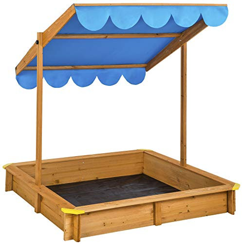 tectake® Wooden Sandpit with Adjustable Sun Canopy & Protective Groundsheet, Sandbox for Kids in Varnished Pinewood with Seat Edge & Protected Corners, Ideal Kids Garden Furniture, 120 x 120 cm - Blue