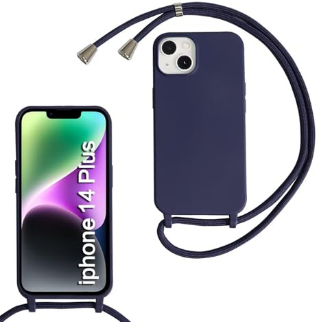 SLWYF Compatible with iPhone 14 Plus Crossbody Lanyard Case, Liquid Silicone Protective Phone Case with Strap Adjustable Neck Cord Necklace Soft Cover for iPhone 14 Plus, Navy blue