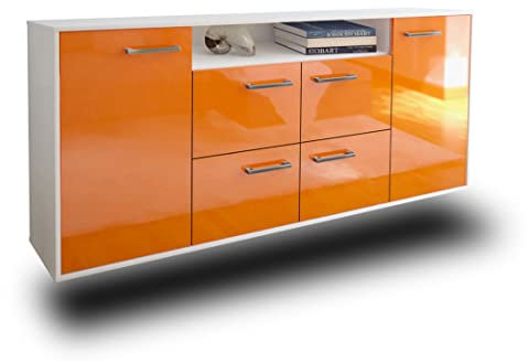Lqliving Kommode Sideboard Carrollton, Korpus in Weiss matt, Front im Hochglanz-Design Orange (180x77x35cm), inkl. Metall Griffen, Wandmontage, Made in Germany