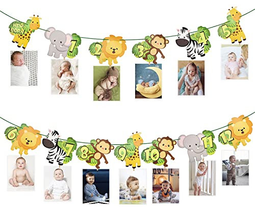 Banner für 1.Geburtstag Fotogirlande Baby-Meilenstein-Girlande Geburtstagsdeko, 12 Kraftpapier für Monatsbilder, Inklusive Tier Schnur & Nadel Party-Dekoration & Zubehör DIY