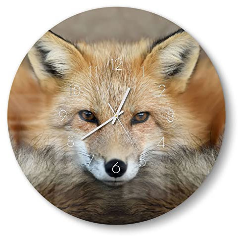 DEQORI Glasuhr | rund Ø 50 cm | Motiv Reineke, der Fuchs | große XXL Design Uhr aus Glas | leise Wanduhr für Wohnzimmer & Küche | Moderne Hingucker Uhr für die Wand