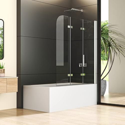Duschwand für Badewanne 3-teilig 140x140cm Glas Duschabtrennung, Faltbar Badewannen Badewannenaufsatz Badewannenwand Duschtrennwand, Faltwand Dreifaltigkeitstür mit 5mm NANO Sicherheitsglas Duschwand