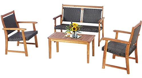 COSTWAY 4-teiliges Gartenmöbel Set, Polyrattan Balkonset mit 2 Sessel & Bank & Tisch, Sitzgruppe aus Akazienholz, Rattan Gartenset Balkonmöbel, Rattanmöbel Loungeset, für Balkon Garten Veranda