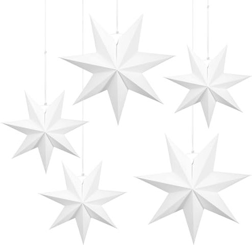 Pextian Weiß Papiersterne zum Aufhängen, 5 Stück, 25cm x 3 + 40cm x 2, Weihnachten Dekoration, Karton, Stern, Skandinavisch, Advent, Fenster, Weihnachtsbaum