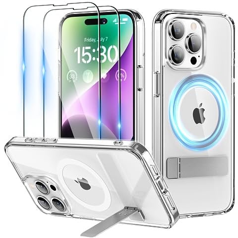 Niunisi für iPhone 15 Pro Hülle für MagSafe Ständer Handyhülle mit 2X Panzerglas Stoßfeste Kratzfeste Schutzhülle Dünne iPhone 15 Pro Case-Clear