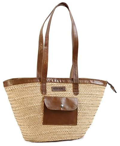 NATUREHOME Exklusive Marken Design Palmblatt Tasche mit hochwertigem, dunklem Stoff, Seitentasche, Reißverschluß und Details auch hochwertigem Ziegenleder