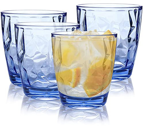 Hebaogugu Lot de 4 gobelets en plastique empilables - Gobelets en acrylique incassables - Verres à café en plastique pour boissons, café, vin, bière (300 ml/bleu)