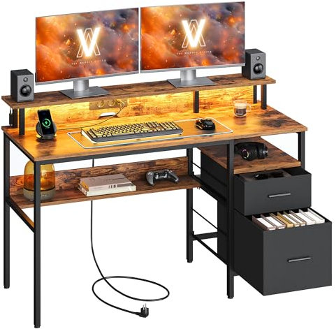 VASAGLE Schreibtisch mit Stoff-Schubladen, Computertisch mit Monitorständer, LED-Beleuchtung, 135 x 55 x 90 cm, eingebaute Steckdosen, 2 USB-A-Anschlüsse, für Homeoffice, vintagebraun LWD094K02
