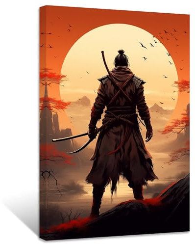 ZXHYWYM Samurai Leinwandbilder Samurai Hintergrund Vollmond Poster Drucke japanischer Krieger Katana Bilder Bushido Gemälde Heimdekoration Gerahmt (Bild-1, (60.00 x 90.00 cms))