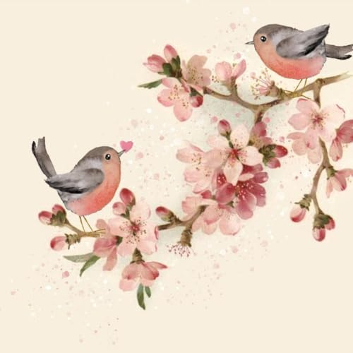 Lot de 20 serviettes en papier avec motif printanier petits oiseaux sur fleurs de cerisier Convient également pour le découpage et la technique des serviettes 33 x 33 cm