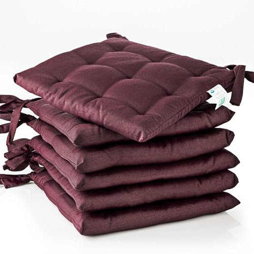 etérea 6er Set Sitzkissen Outdoor 40x40 mit Bändern - Stuhlkissen Bordeaux für Gartenstuhl & Innenbereich - waschbare Sitzauflagen Gartenmöbel - 6 Stück Kissen 40x40 cm - Bordeaux