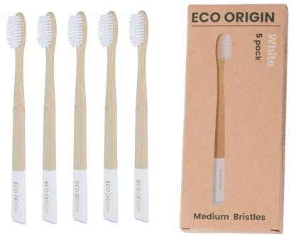 Eco Origin Bambus-Zahnbürste mit mittleren Borsten, 100 % biologisch abbaubarer Griff, plastikfrei und recycelbar, umweltfreundliche Premium-Holzzahnbürste für Kinder und Erwachsene,