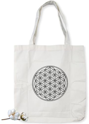 Stoffbeutel bedruckt - BLUME DES LEBENS Stofftasche - Baumwolltasche Bedruckt Tragetasche Canvas-Stoff - Jutebeutel Bedruckt - Einkaufstasche Lange Henkel 70cm - Einkaufsbeutel (Blume des Lebens)