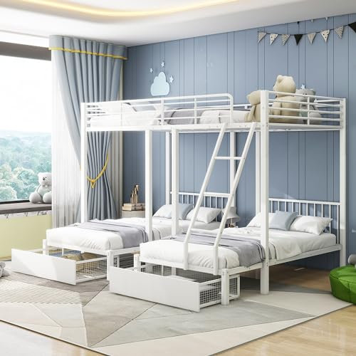 Dreifaches Etagenbett mit 2 Schubladen, Kinderbett Hochbett für 4 Kinder, umwandelbar in 140x200 Doppelbett&zwei 90x200 Einzelbetten, Metallbett Eisenbett Funktionsbett Stockbett Familienbett, Weiß