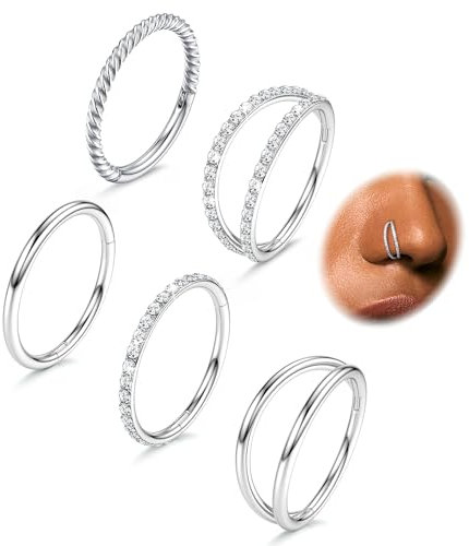 CASSIECA 5 Stück Nasenpiercing Chirurgenstahl Doppel Reifen Nasenringe 18G Aufklappbarer Zirkonia Piercing Schmuck Septum Clicker Lippenringe Helix Piercing Conch Piercing Tragus Ohrringe 8 mm