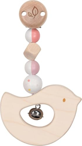 goki baby 65342 - Clip-Figur Vogel aus Holz mit Klingel – Made in Germany, Rosa, Mädchen, Fördert Greifreflex und Motorik, passend für den Kinderwagen, Autositz oder Spielbogen, ab der Geburt