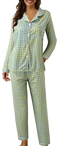 Completo da Pigiama da Pigiama a Maniche Lunghe in Due Pezzi con Stampa Scozzese Color con Bottoni Casual da Donna Pigiami Donna Cotone Lunghi Estivi Lingerie (M, L)