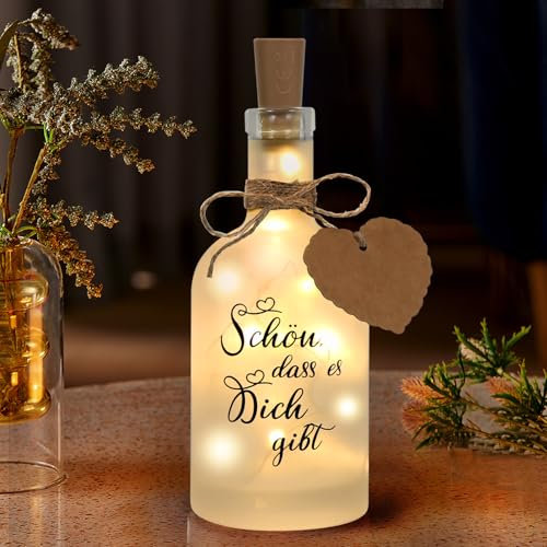 LED Flaschenlicht, Schön dass es Dich gibt, Flaschenlichter mit Spruch, Beleuchtete Dekoflasche Geschenk für frauen, Geburtstagsgeschenk Dekolicht für Hochzeit Weihnachten, Personalisierte Geschenke