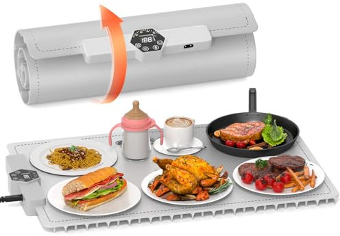 INNOWARMER Warmhalteplatte Elektrisch,Speisenwärmer Ganzflächige Erwärmung,Faltbare Silikon Warmhalteplatte 5 Einstellbarer Temperatur & Timer,Buffetwärmer Elektrisch für Buffet Familie (Grau)