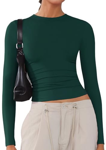 ARCFEETORY Women's Soft Long Sleeve Shirts Crew Neck Tops Basic Tees Stretchy Going Out Crop Tops Y2K Slim Fit T-Shirts Dark Green XS