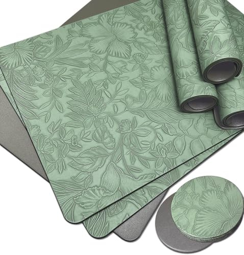 Tischsets aus Kunststoff mit Reliefartigem Blumenmuster, Leicht zu Reinigen Platzsets Florale Muster, PVC Platzdeckchen Abwaschbar 6er Sets mit Untersetzer, Rutschfest-Wasserdicht-Hitzebeständig, Grün