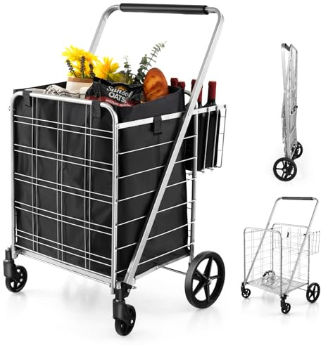 MZBDYYF 126L/150 kg Klapperkaufwagen auf Rädern, Metall Utility Push/Pull Cart mit abnehmbarem wasserdichtem Liner, Rückenkorb und Schaumstoffgehalt, Rolling Grocery Trolley (schwarz)