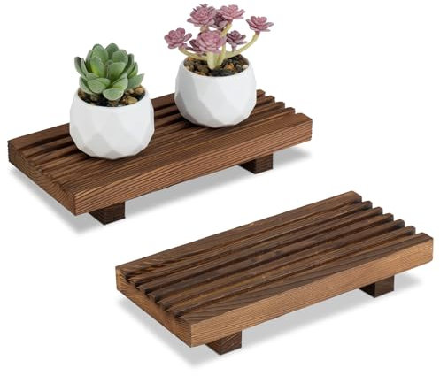 RETON Wood Tray Pedestal Stand Set, Wood Riser Wooden Soap Dish Dispenser for Kitchen Counter, Rustic Candle Plant Holder Bathroom Accessories (2, S)