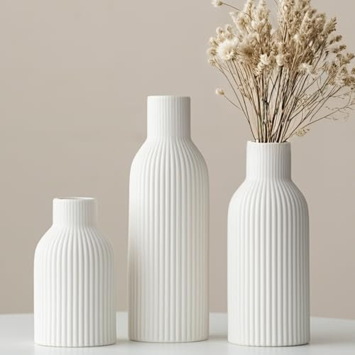 Modern Ceramic Vase Set, 3-Piece Ribbed Design, White Decorative Vases for Home Decor, Living Room, Kitchen (White)