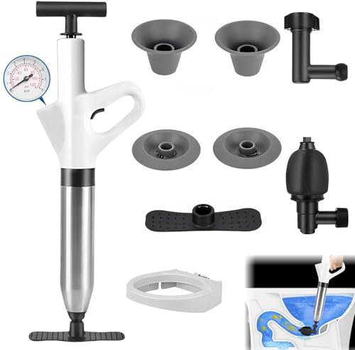 Infreecs Toilet Unblocker, Toilet Plunger Heavy Duty with 5 Replaceable Heads, High Pressure Plunger Sink Unblocker with Visual Barometer, Unblocker Tools for Unblocking Toilets Bathtub Floor Drain