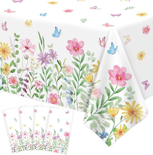 4 Stück Frühlingsblumen Tischtuch Blume Tischtuch Wildblumen Tischdecke Schmetterling Tischdecke Ostern Picknick Frühling Party Dekorationen Tee Party Zubehör Wilde Blume Geburtstag Dekor 86 x 51 Zoll