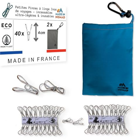 Dry Hard 40 kleine Edelstahl Wäscheklammern mit Wäscheklammerbeutel und Karabiner. Für Waschküche, Wäscheleine, Wäschespinne. Robuste und langlebige Wäscheclips Für Camping Zubehör, Vanlife, Outdoor