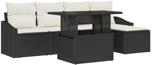 vidaXL Garten-Sofa-Set mit Kissen 6 pcs Schwarz und Creme, Moderner Garten-Sofa-Set, UV-beständige Materialien, abnehmbare Kissen, Lounge für die Terrasse, gemütliche Sitzecke