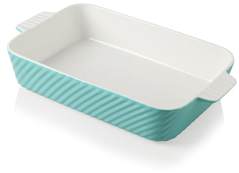 Sweejar Home Ceramic 13x9 In Baking Pan, Cake Baking Dish for Brownie, Porcelain Striped Casserole Dishes for Oven with Handle for Lasagna, Family Dinner(Turquoise)