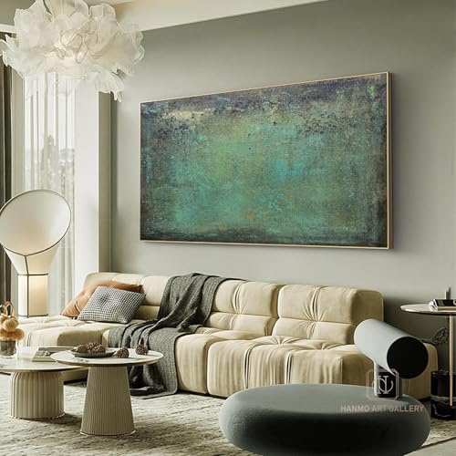 UUDEZO Großes grünes Leinwandbild für Wohnzimmer, gerahmt, großes abstraktes Gemälde, Kunstwerk, Büro-Wanddekoration, Bilder, 80 x 162 cm (31 x 64 Zoll) mit Goldrahmen